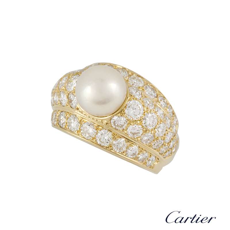 Cartier 18k Yellow Gold Diamond and Pearl Ring 2.20ct | Rich Diamonds